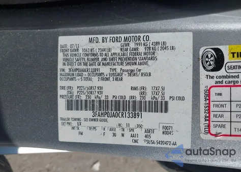 2012 Ford Fusion Sel z USA, uszkodzony, nr VIN 3FAHP0JA0CR133891
